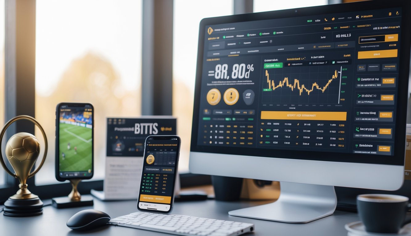 Seorang pria menggunakan komputer di meja kerja dengan layar menampilkan data taruhan sepak bola, dikelilingi oleh perlengkapan kerja dan suasana yang nyaman.