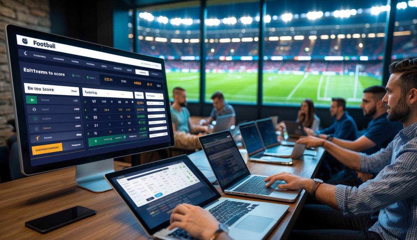 Orang-orang di ruang taruhan olahraga modern melihat layar dengan statistik sepak bola Liga Inggris dan suasana stadion sepak bola yang ramai terlihat di latar belakang.