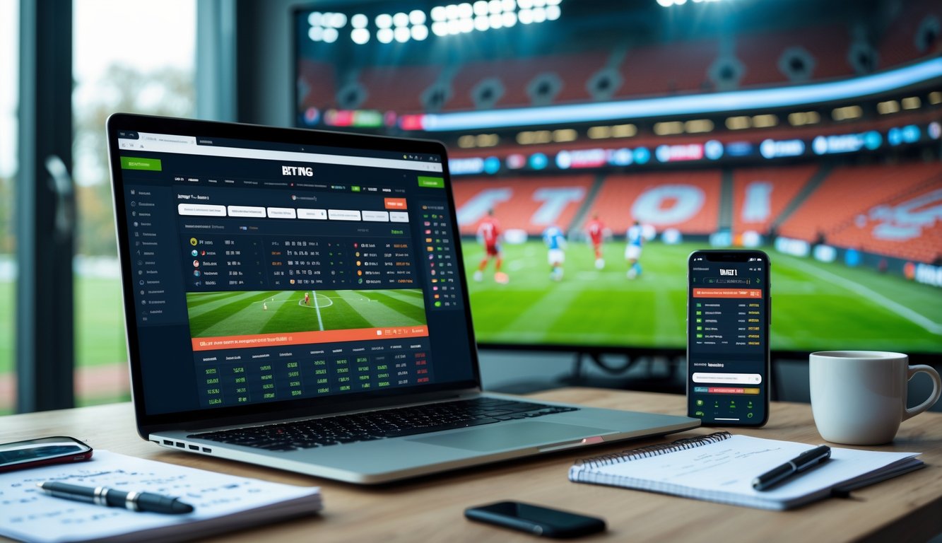 Meja kerja dengan laptop dan ponsel menampilkan situs taruhan sepak bola, dilengkapi dengan catatan, kopi, dan layar menampilkan pertandingan sepak bola yang sedang berlangsung.