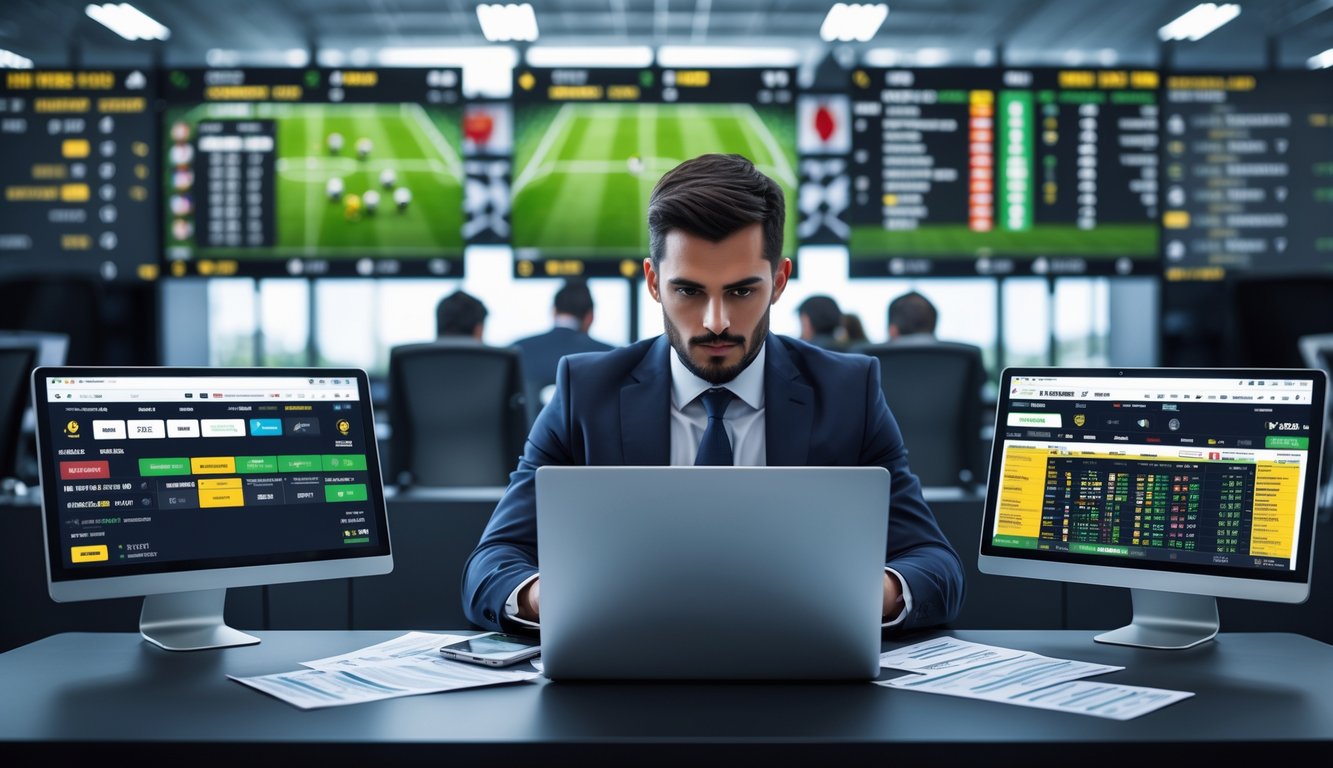 Seorang petaruh profesional sedang menganalisis pertandingan sepak bola dengan layar besar menampilkan skor dan peluang taruhan.