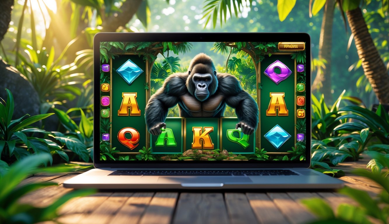 Latar hutan rimbun dengan mesin slot digital menampilkan gorila sebagai simbol utama.