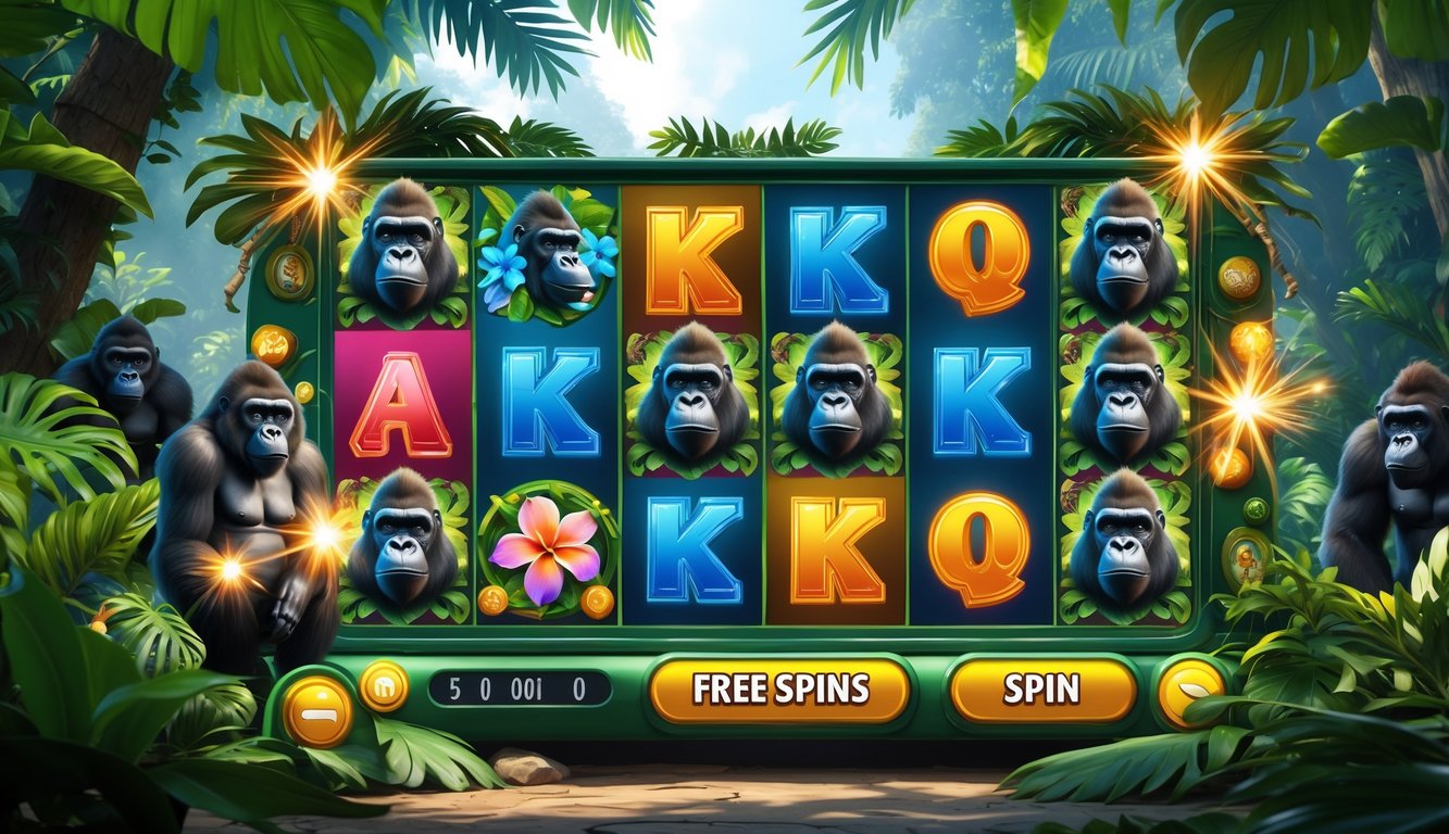 Layar mesin slot online dengan tema hutan dan gorila, menampilkan gulungan berwarna-warni dan latar hutan yang rimbun.