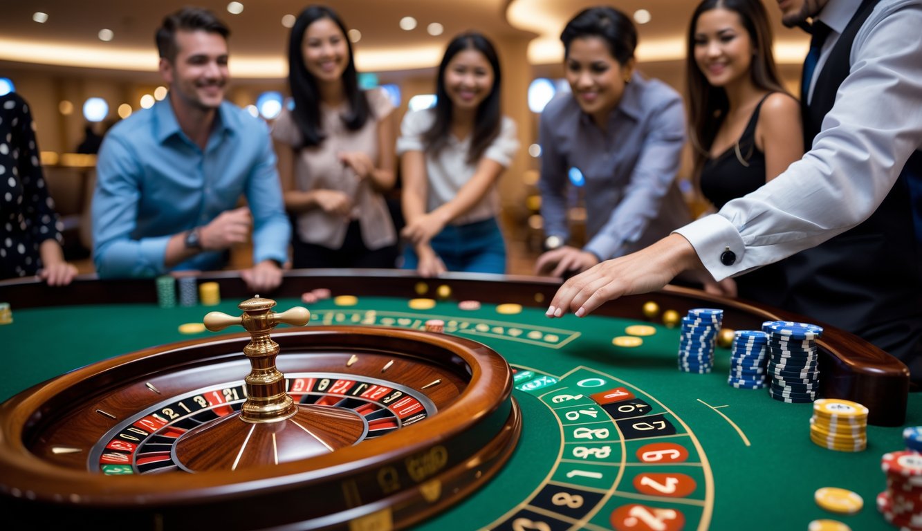 Meja roulette Eropa dengan roda roulette dan beberapa orang yang sedang bermain di kasino.