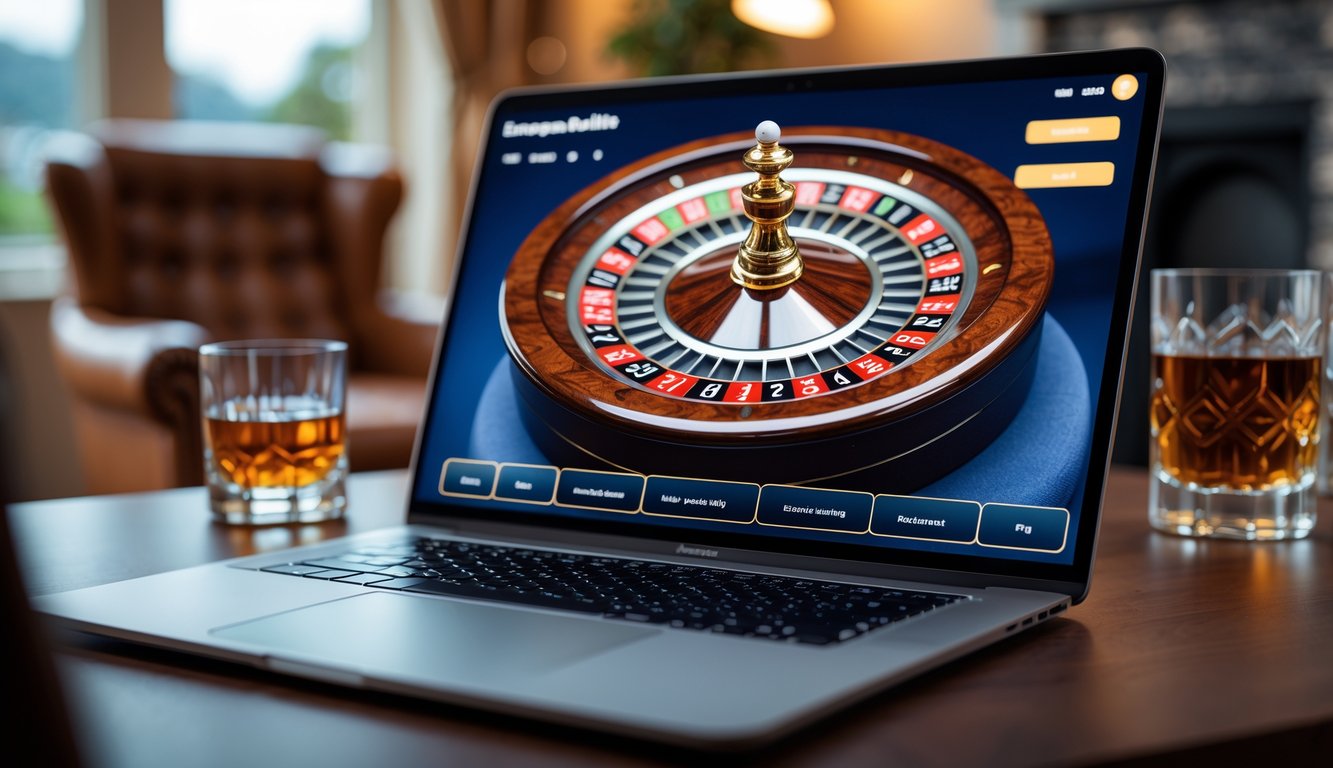 Seorang pengguna sedang bermain roulette Eropa online di laptop dalam ruangan yang nyaman dan mewah.