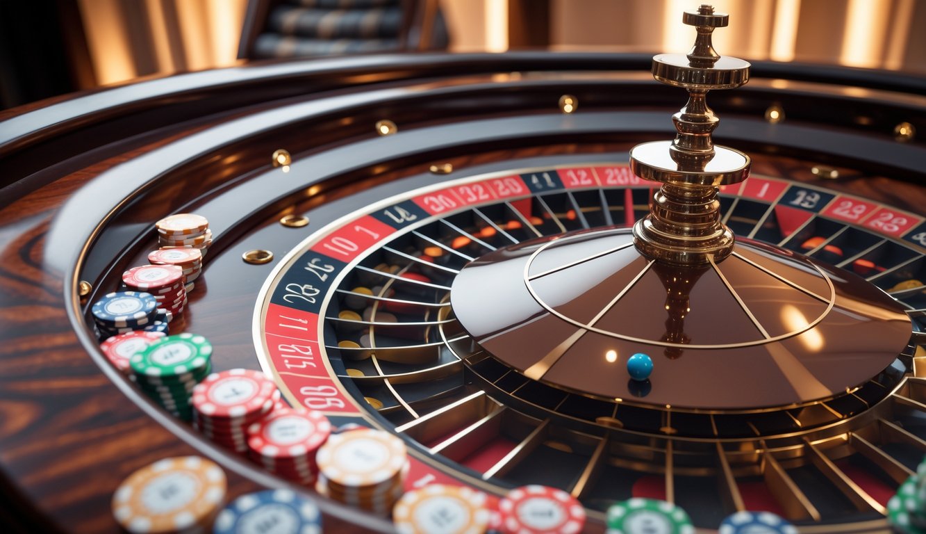 Meja roulette Eropa dengan roda roulette dan tumpukan chip taruhan di kasino mewah.