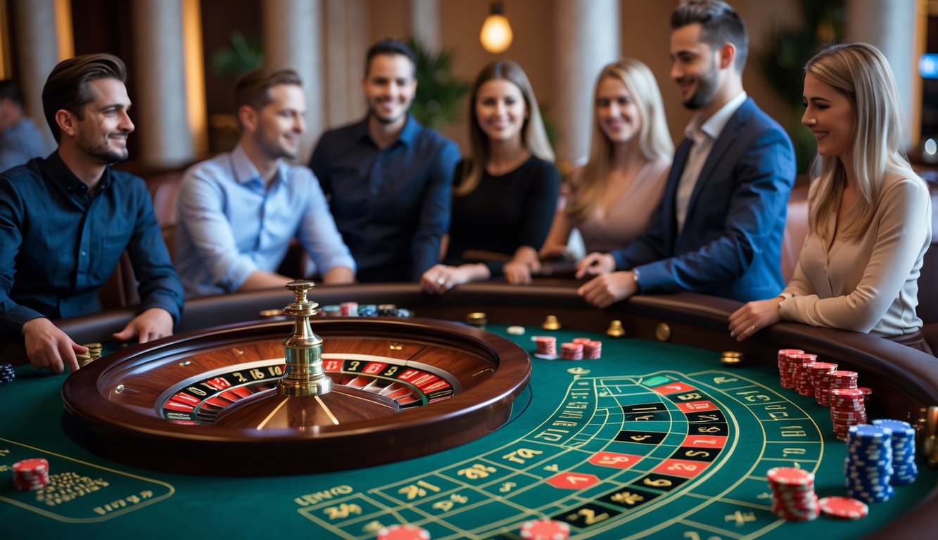 Meja roulette Eropa dengan pemain yang sedang memasang taruhan dalam suasana kasino yang elegan.