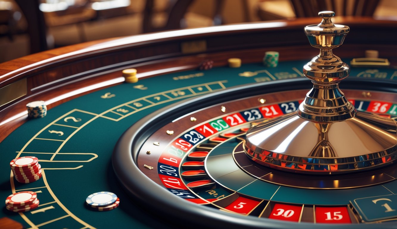 Meja roulette Eropa dengan roda roulette dan chip taruhan di kasino mewah.