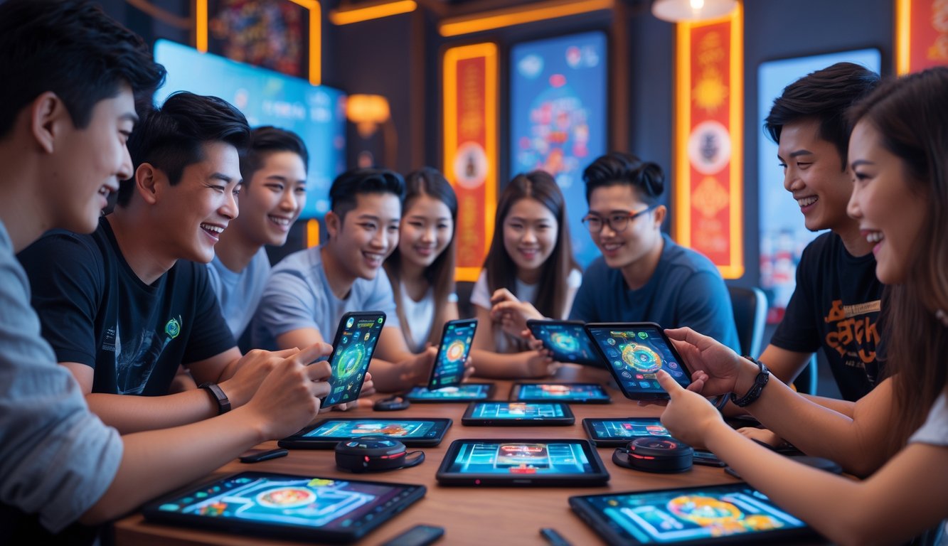 Sekelompok orang muda sedang bermain game kartu multiplayer secara bersama-sama menggunakan perangkat digital di sebuah ruangan yang cerah dan nyaman.
