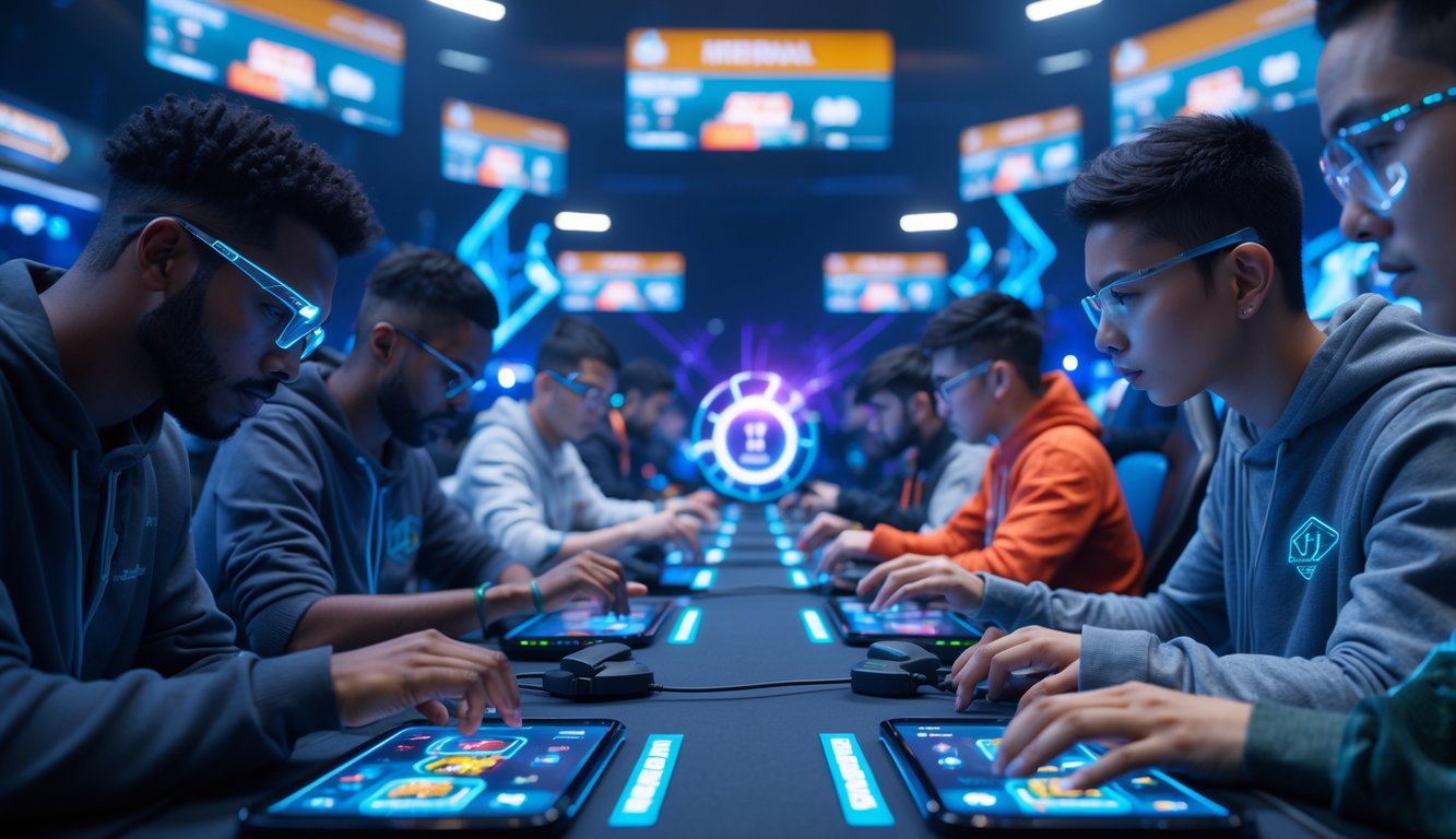 Sejumlah pemain sedang bermain game kartu Ceme di arena turnamen dengan perangkat digital dan tampilan holografik yang menunjukkan suasana kompetisi dan teknologi canggih.