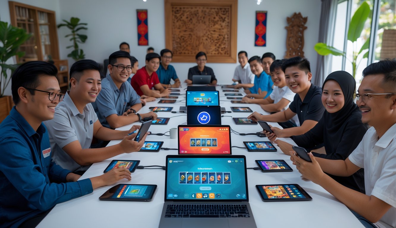 Sekelompok orang muda Indonesia bermain permainan kartu secara online menggunakan laptop dan ponsel di meja bersama.