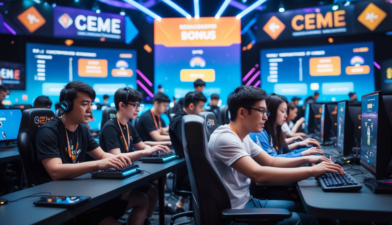 Beberapa pemain sedang bermain game kartu secara kompetitif di arena turnamen dengan layar besar dan suasana modern.