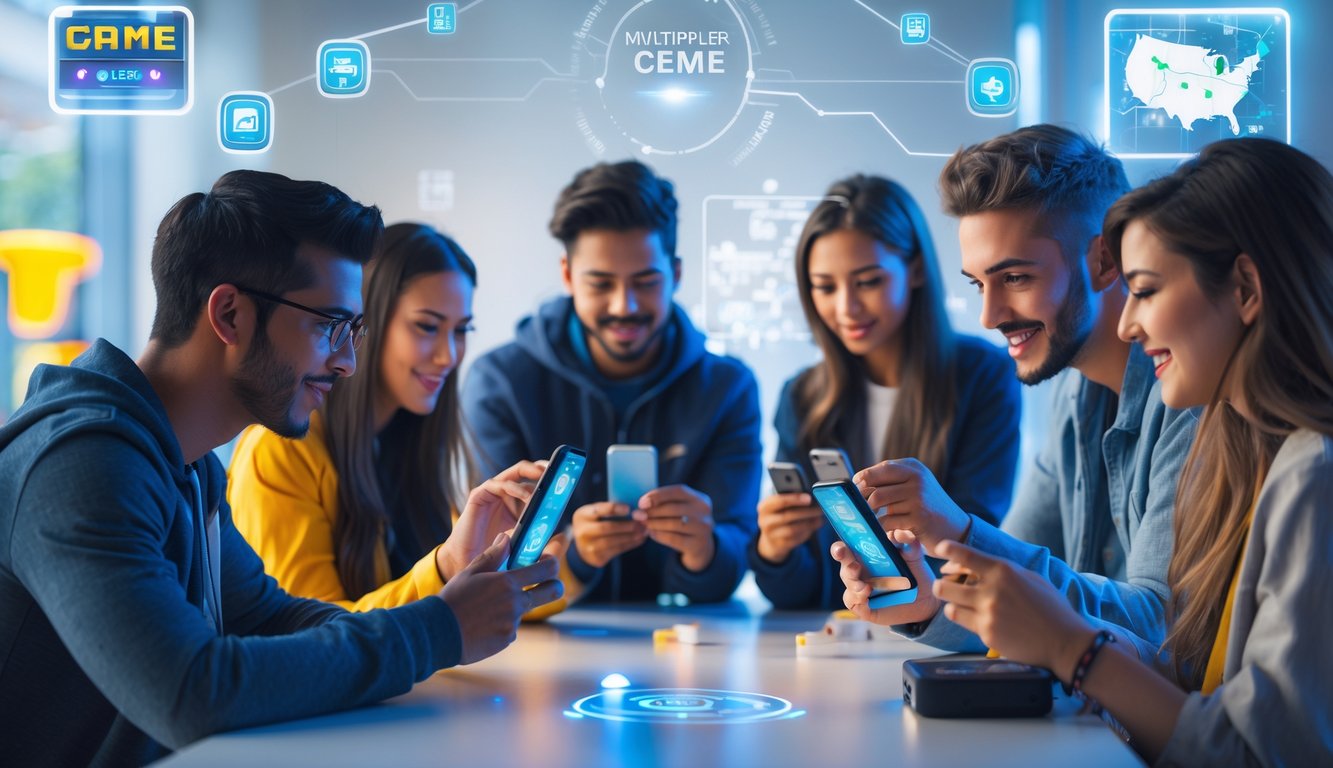 Sekelompok orang muda bermain game kartu di ponsel mereka di sebuah ruangan terang dan modern.