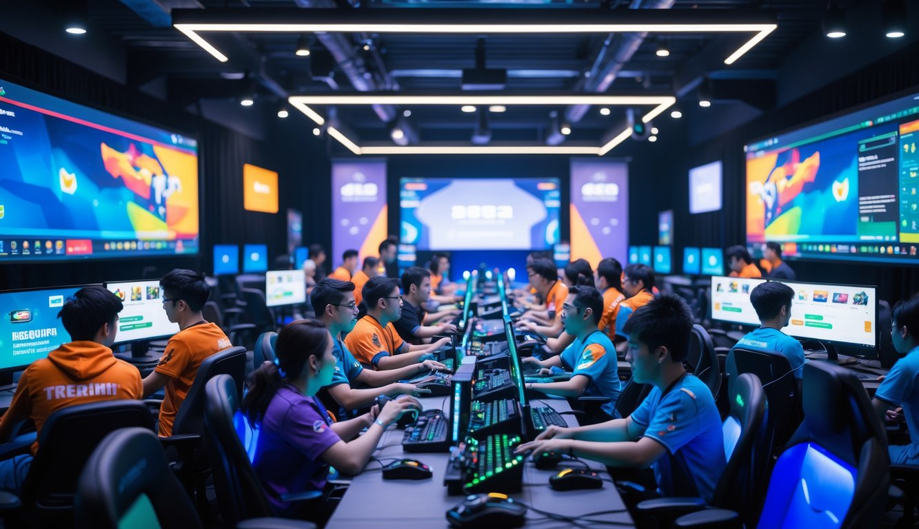 Sekelompok pemain game sedang bermain bersama di arena game modern dengan layar besar dan obrolan langsung.