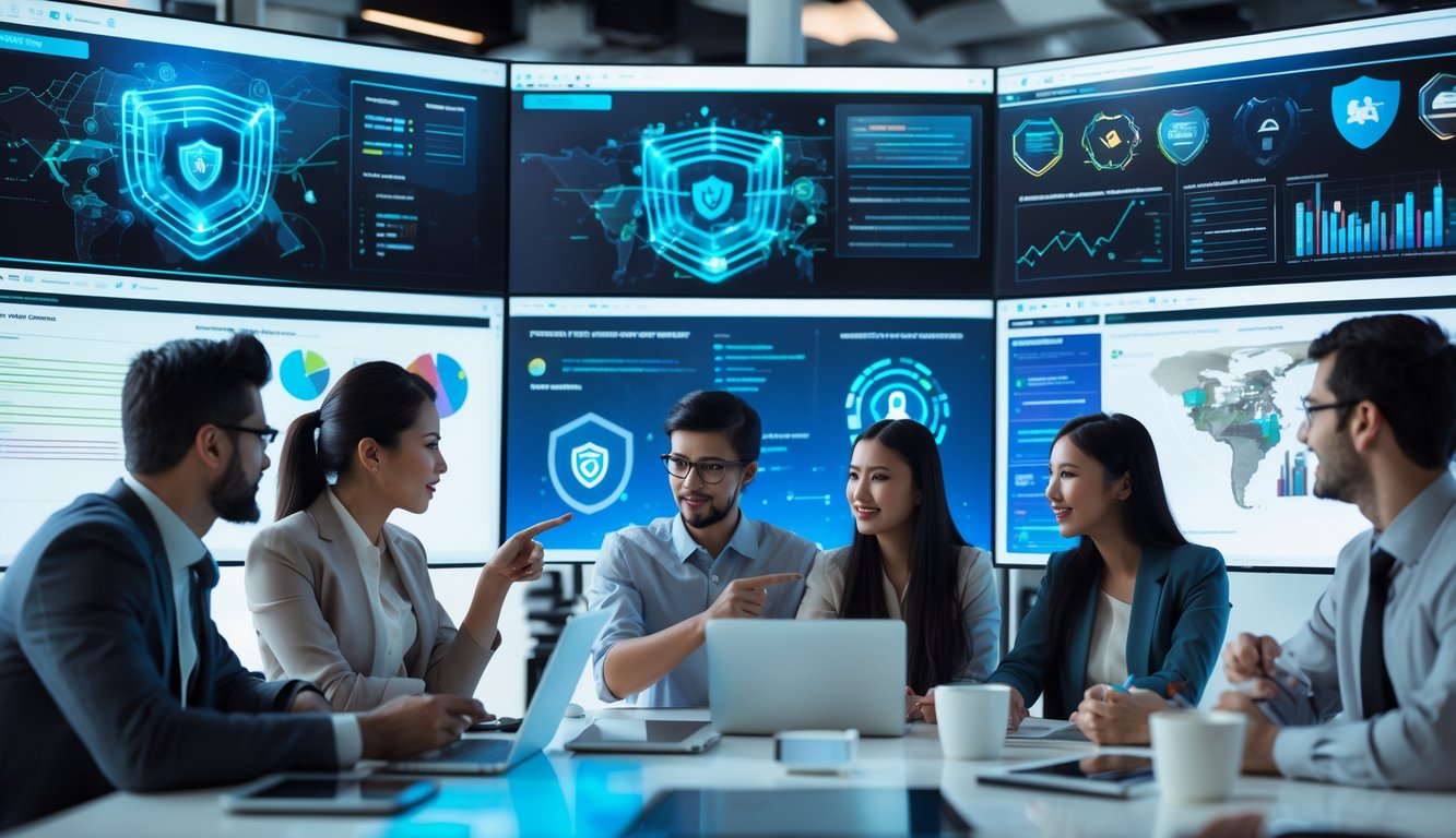 Sekelompok profesional muda sedang berdiskusi di kantor modern dengan layar komputer menampilkan grafik dan simbol jaringan server serta keamanan permainan online.