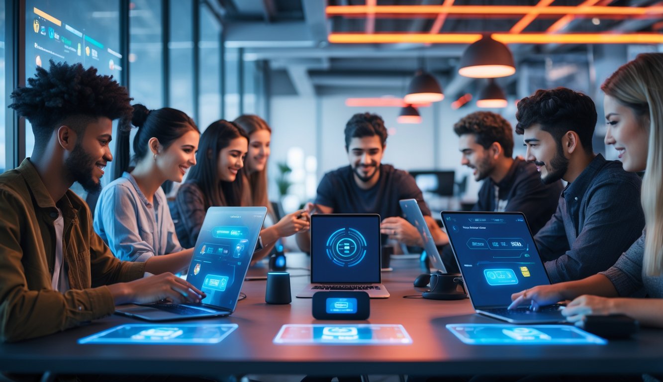 Sekelompok orang muda bermain game kartu multiplayer secara online di ruang kerja modern dengan perangkat digital, menunjukkan transaksi cepat dan deposit lokal.