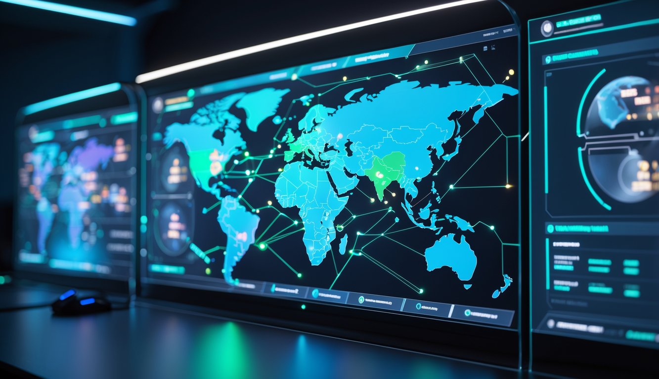 Beberapa pemain dari berbagai wilayah terhubung melalui jaringan digital yang menampilkan peta wilayah untuk permainan multiplayer online.