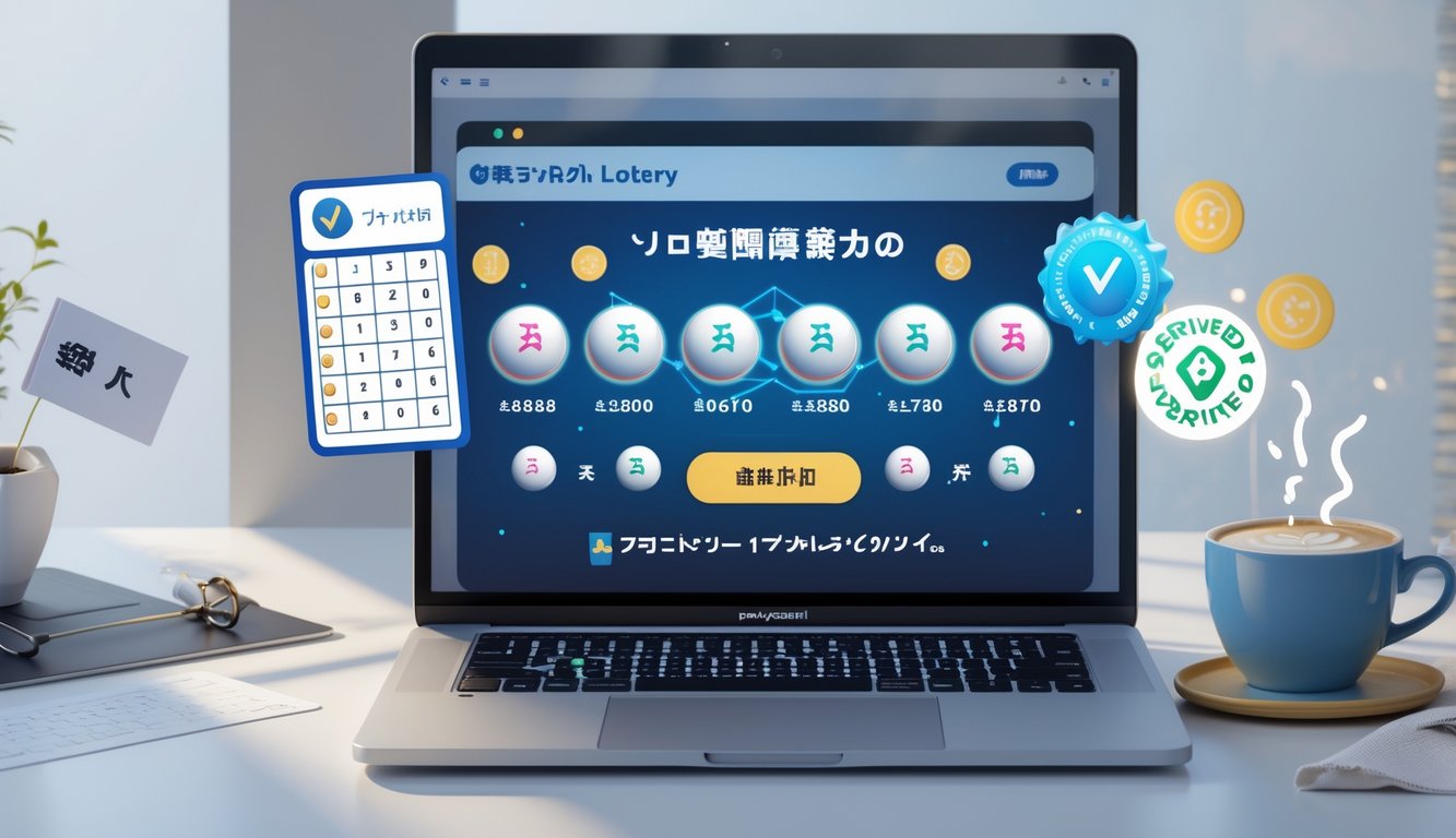 Meja kerja modern dengan laptop yang menampilkan antarmuka lotere Jepang, perlengkapan kerja, dan suasana yang tenang dan terpercaya.