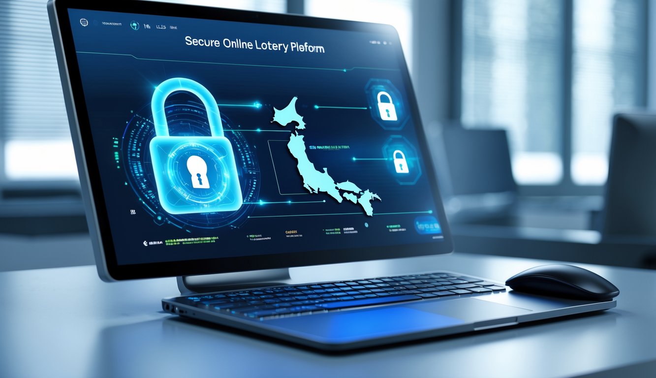Antarmuka digital futuristik yang menampilkan platform judi togel Jepang dengan sistem keamanan tinggi di kantor modern.