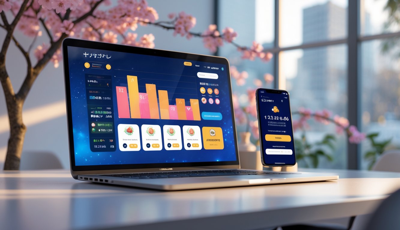 Seorang pengguna menggunakan laptop dan ponsel pintar di meja kerja modern dengan latar belakang motif Jepang, menampilkan platform judi togel online aktif dengan pembayaran cepat.