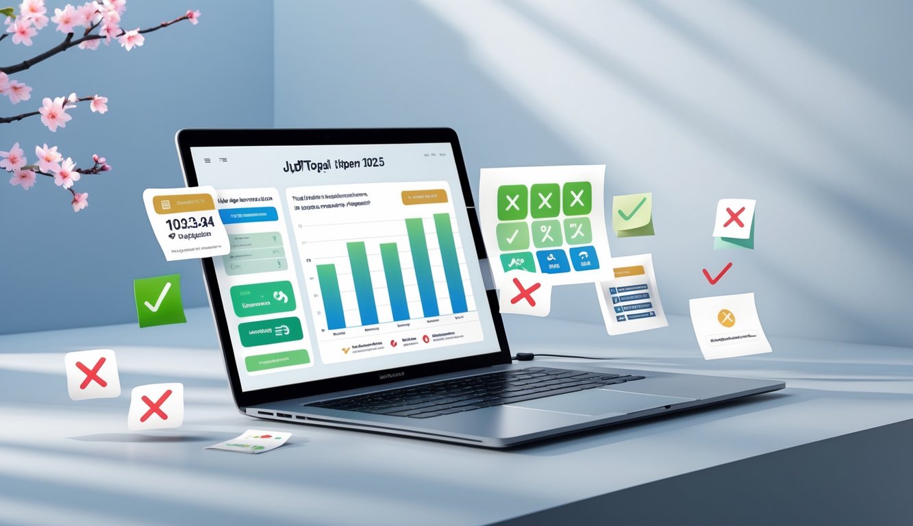 Meja kerja modern dengan komputer menampilkan antarmuka platform ulasan Judi Togel Jepang, dikelilingi ikon tanda centang hijau dan silang merah serta latar belakang dengan motif budaya Jepang.