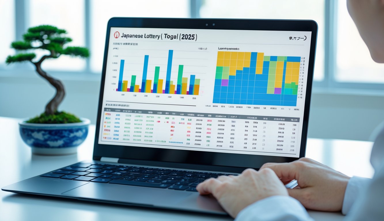 Seorang pria menggunakan laptop di meja kerja dengan tampilan data dan grafik hasil togel Jepang terbaru tahun 2025.
