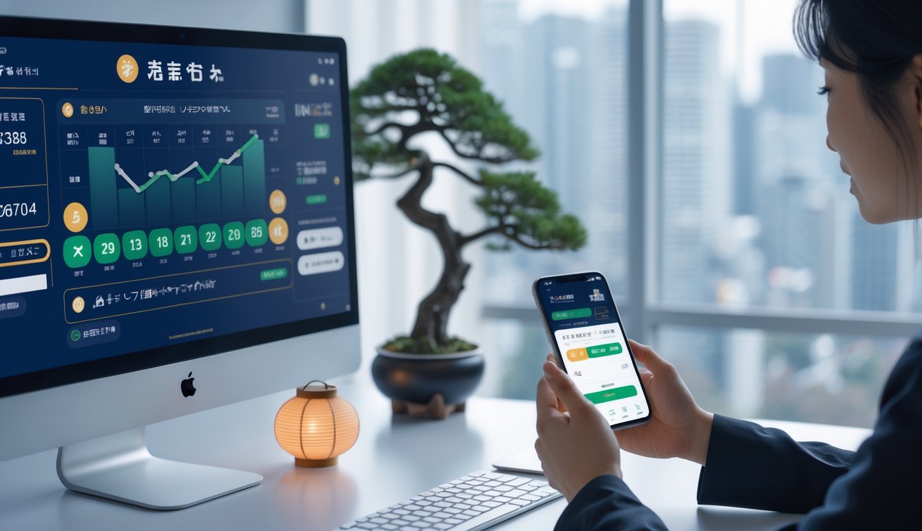 Meja kerja modern dengan komputer dan ponsel yang menampilkan aplikasi judi togel Jepang, dengan elemen budaya Jepang di latar belakang.