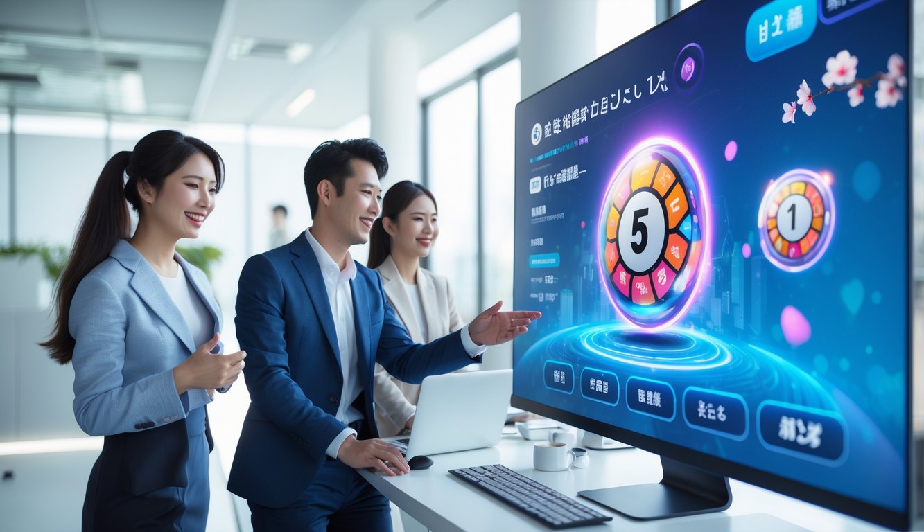Sekelompok profesional muda sedang menggunakan platform digital judi togel Jepang di kantor modern dengan latar belakang elemen budaya Jepang.