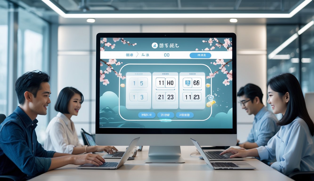 Beberapa pemain Asia menggunakan komputer dan ponsel di ruang kantor modern dengan layar besar menampilkan antarmuka permainan lotere.