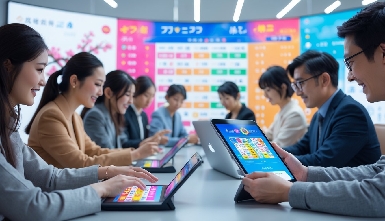 Beberapa orang sedang menggunakan perangkat digital untuk bermain togel Jepang di lingkungan yang modern dan cerah.