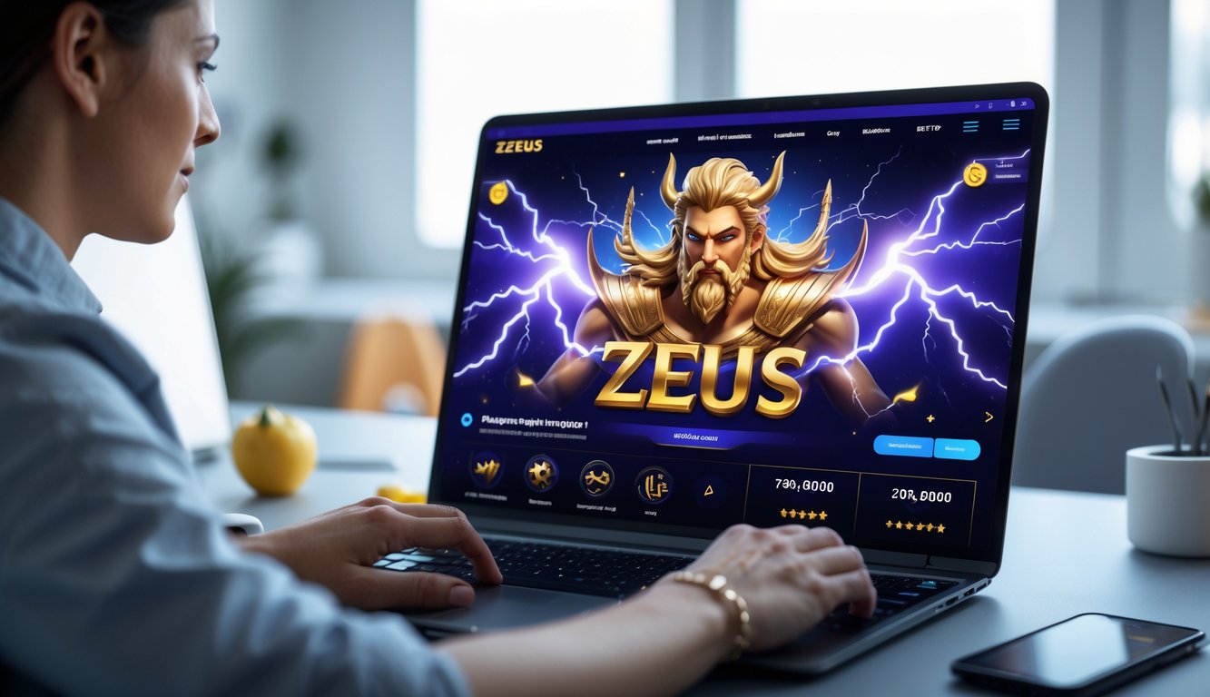 Seseorang menggunakan laptop dengan tampilan permainan bertema Zeus dan efek petir di layar, menunjukkan pengalaman judi online yang terpercaya dan modern.