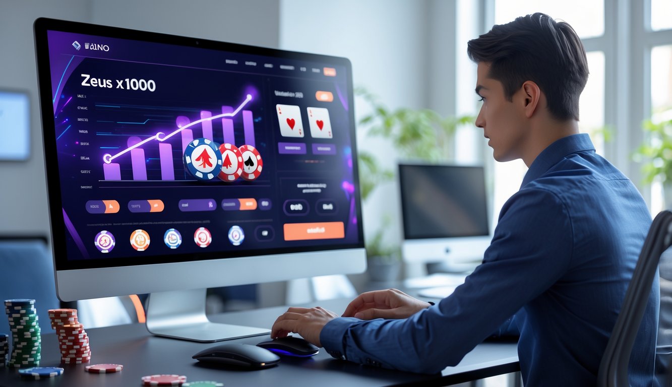 Seorang pria muda sedang menggunakan komputer di ruang kerja modern dengan layar menampilkan antarmuka platform judi online yang penuh warna dan elemen kasino digital.