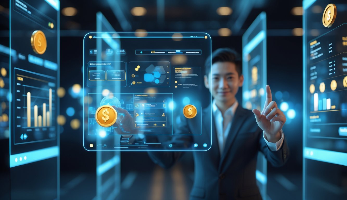 Seorang pria menggunakan antarmuka digital futuristik dengan layar transparan yang menampilkan grafik dan token judi online.