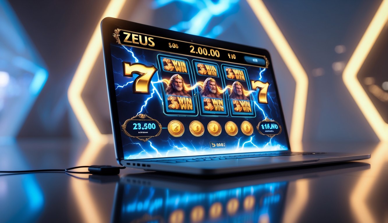 Tampilan layar perangkat digital dengan grafik permainan slot bertema Zeus dan petir, menunjukkan suasana permainan judi online yang menarik.