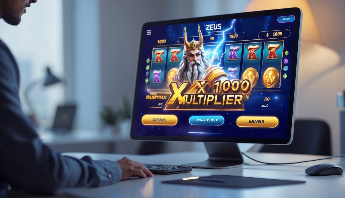Layar komputer menampilkan permainan slot online bertema Zeus dengan efek petir dan indikator kemenangan besar, di meja kerja modern dengan pencahayaan lembut.