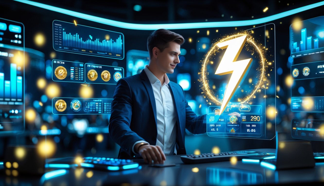 Seorang pria muda menggunakan antarmuka holografik dengan simbol petir di ruang kerja modern yang futuristik.