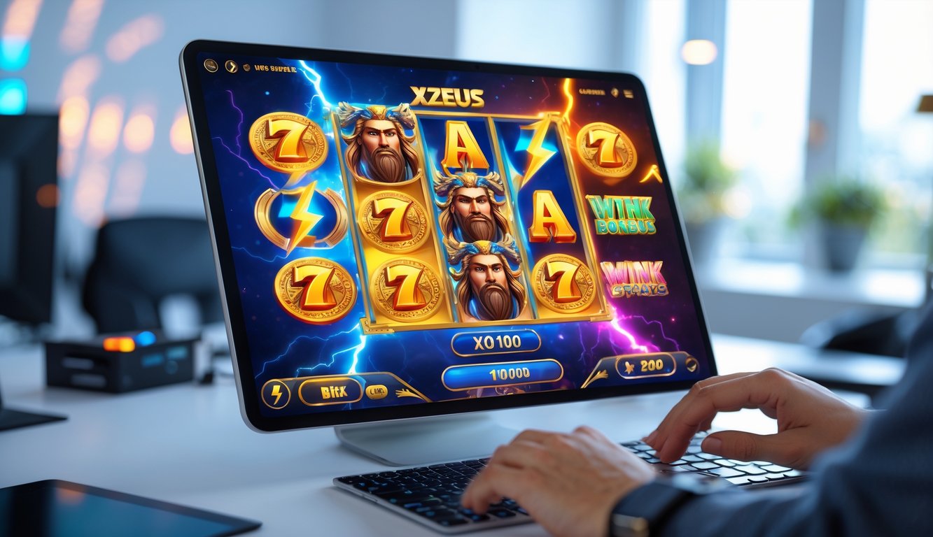 Seseorang menggunakan perangkat digital dengan tampilan permainan slot bertema Zeus di meja kerja yang rapi.