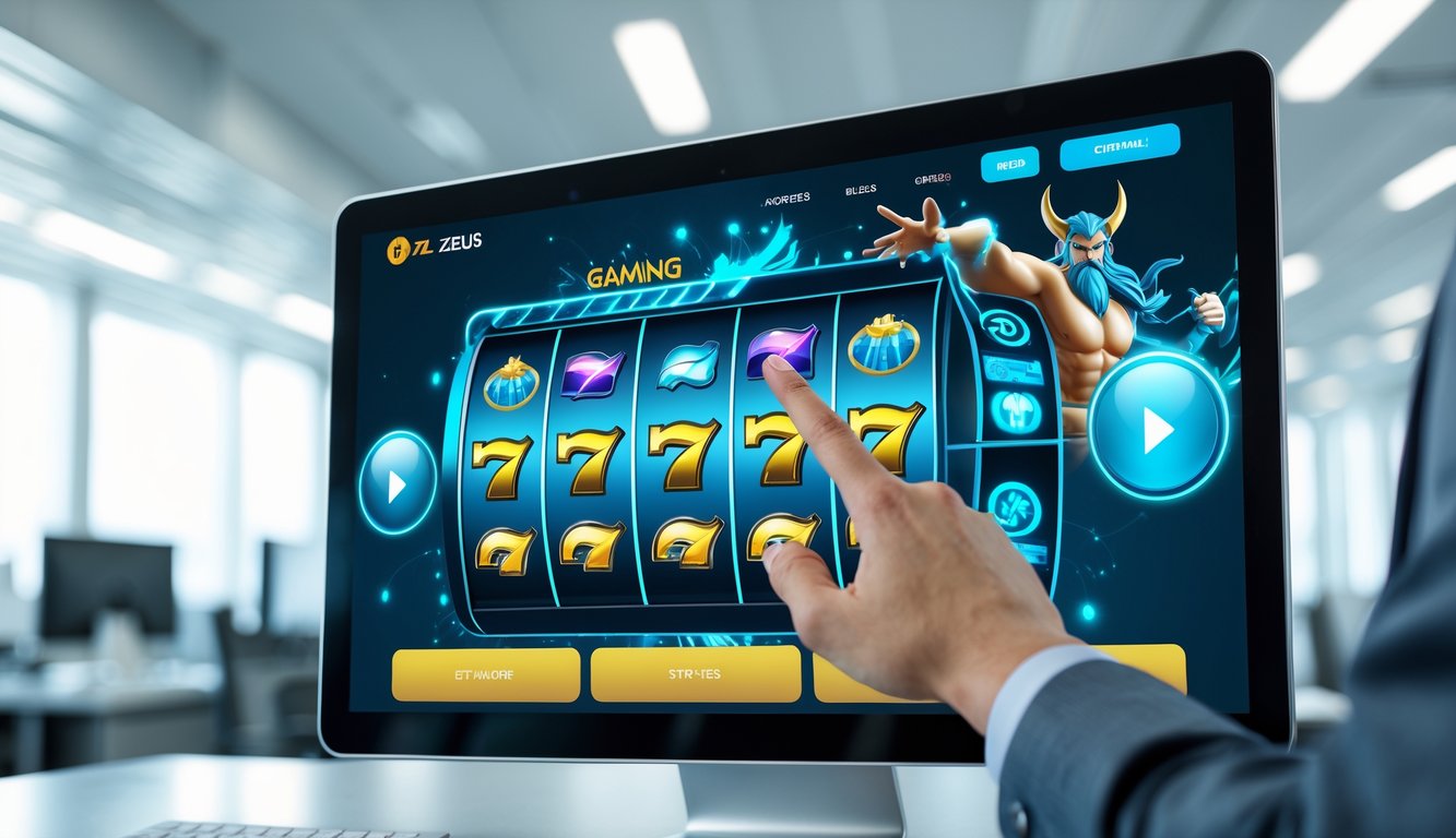 Seseorang menggunakan perangkat layar sentuh dengan antarmuka permainan kasino online yang menampilkan gulungan slot dan karakter Zeus di latar belakang.