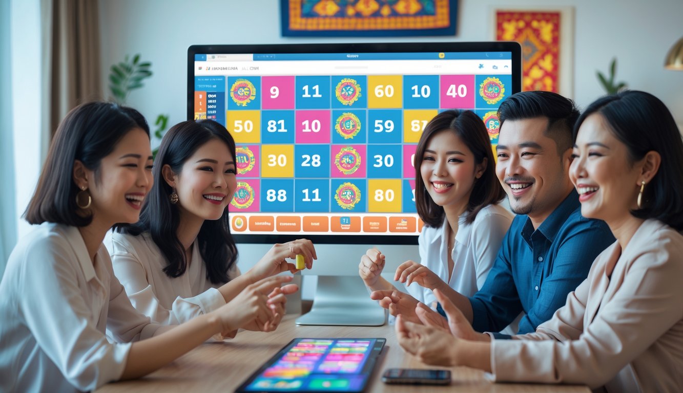 Orang-orang Indonesia bermain bingo online di sebuah ruangan modern dengan komputer yang menampilkan permainan bingo berwarna-warni.