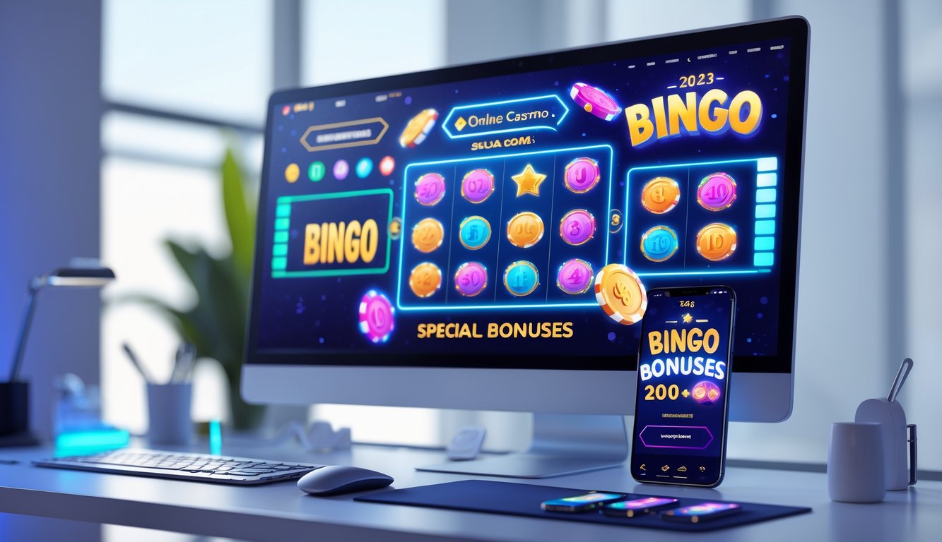 Tampilan antarmuka platform kasino online modern di layar komputer dan ponsel dengan gambar permainan bingo dan ikon bonus khusus.