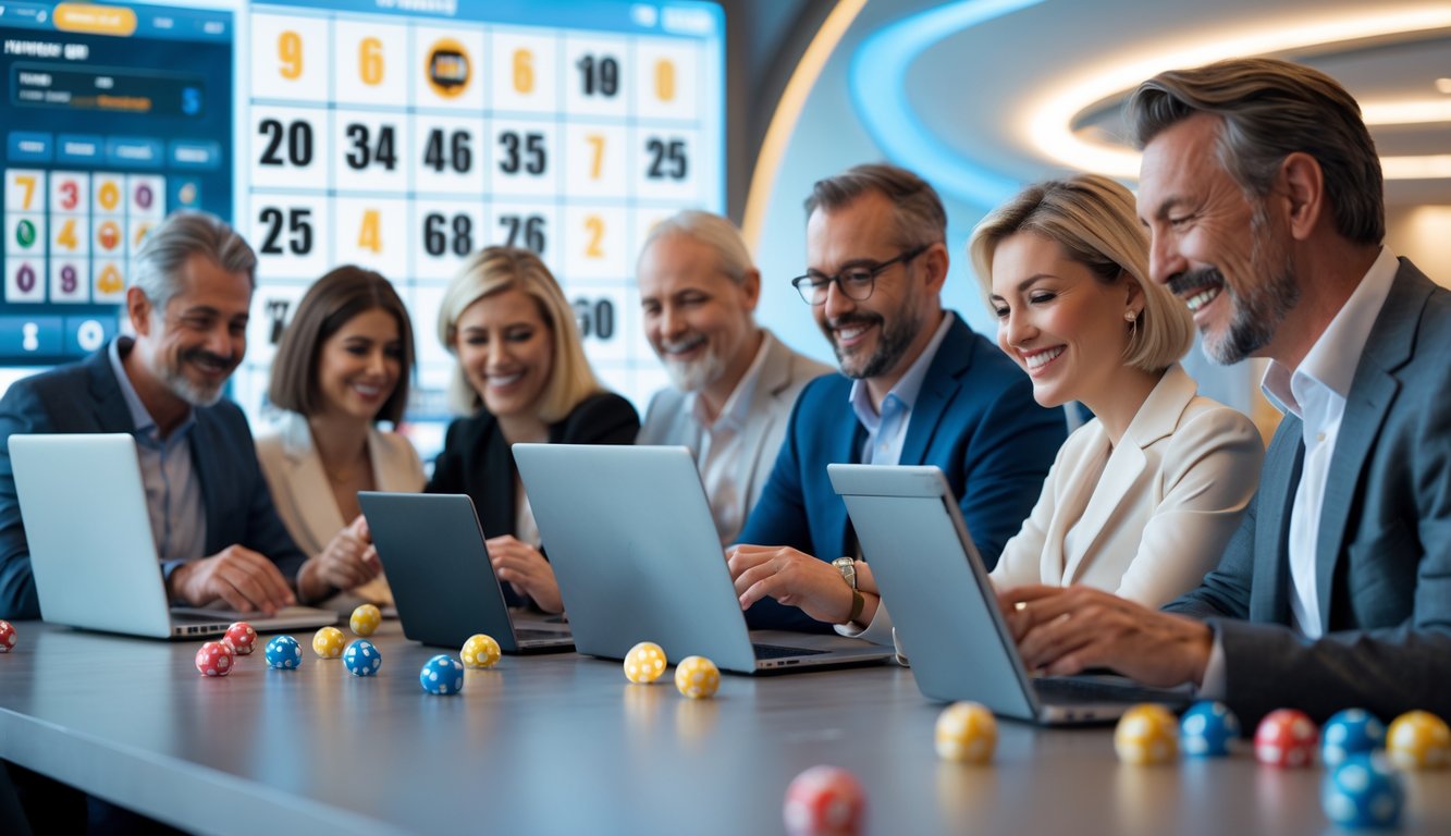 Sekelompok orang dewasa menggunakan perangkat digital untuk bermain bingo online dalam suasana kasino modern yang cerah dan ramah.