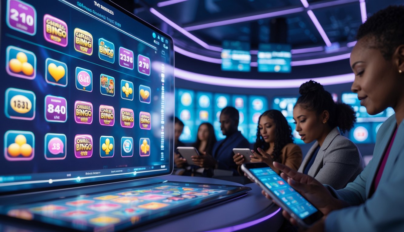 Orang-orang menggunakan perangkat digital untuk bermain bingo online di sebuah platform kasino internasional dengan tampilan modern dan layar holografik.