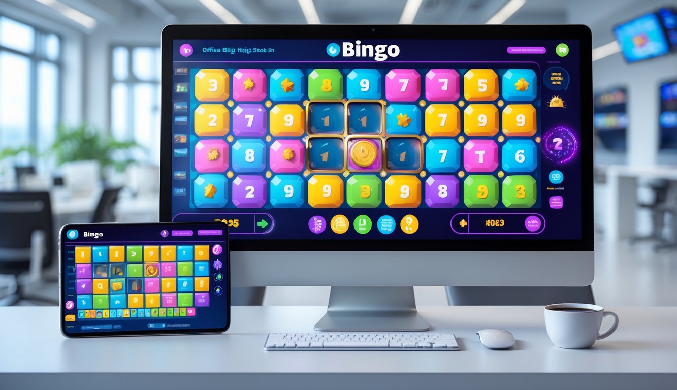 Tampilan antarmuka platform kasino online dengan permainan bingo digital terbaru di komputer dan ponsel di atas meja kantor.