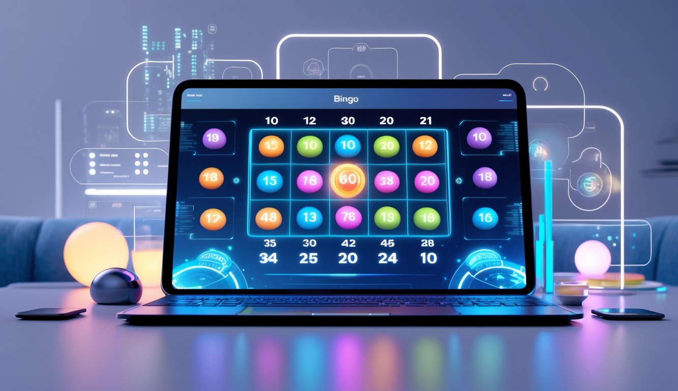 Layar komputer menampilkan permainan bingo online dengan bola bernomor dan kartu bingo digital dalam suasana gaming modern.
