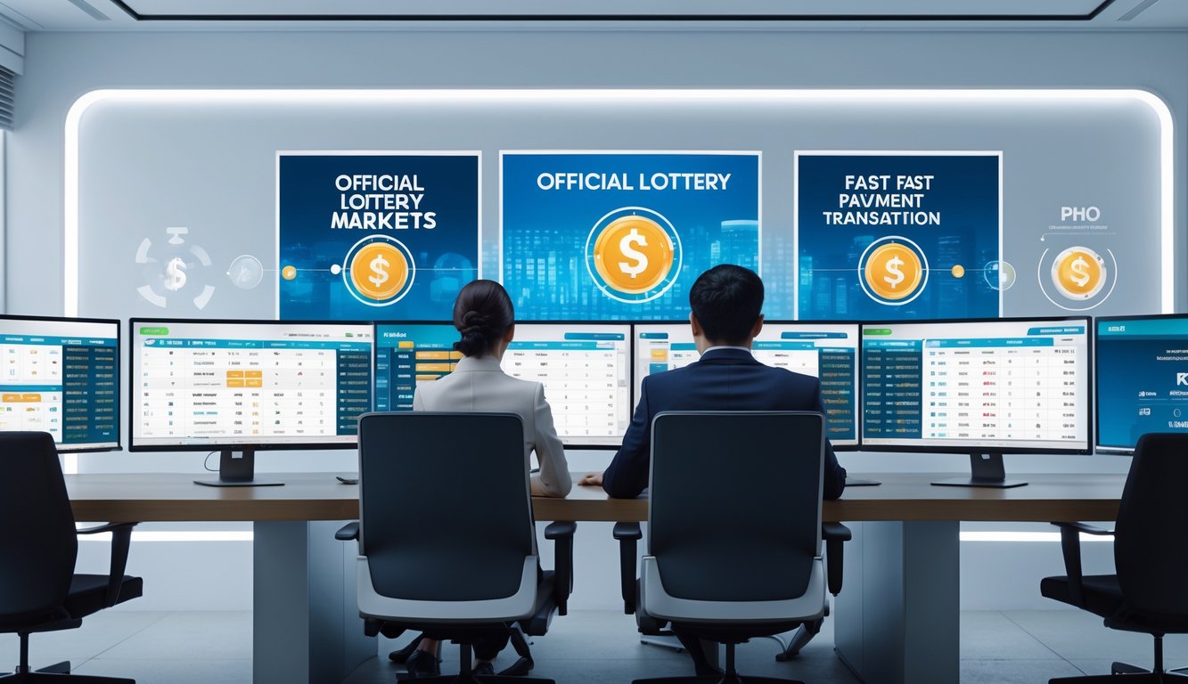 Dua orang profesional sedang bekerja di depan komputer dengan tampilan data pasar resmi dan pembayaran cepat dalam ruang kantor modern.