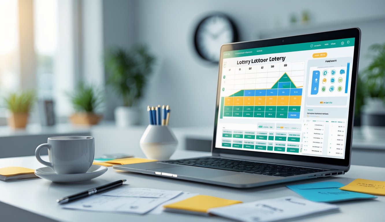 Meja kerja modern dengan laptop yang menampilkan antarmuka terkait lotere, catatan, pena, dan cangkir kopi di sekitarnya.