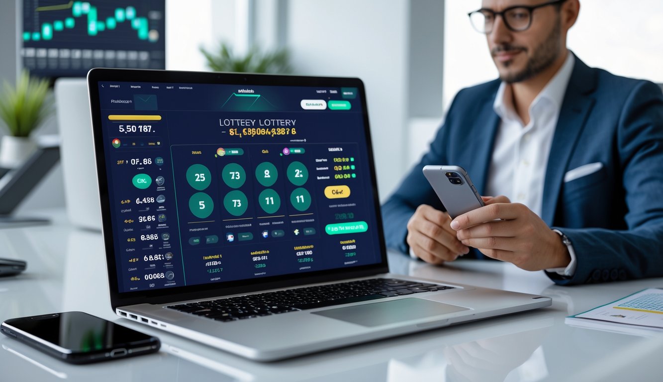 Seseorang sedang menggunakan laptop dan ponsel dengan tampilan platform judi togel digital di meja kerja modern.