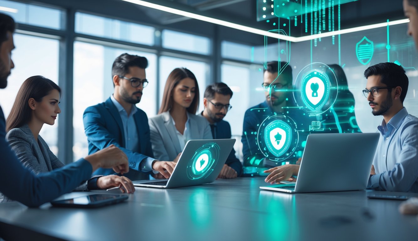 Orang-orang menggunakan perangkat digital di lingkungan kantor yang modern dengan simbol keamanan dan teknologi di latar belakang.