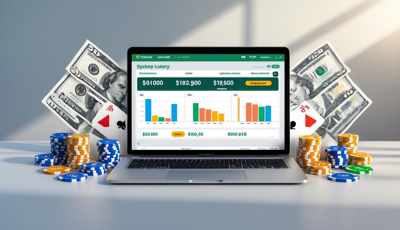 Seseorang menggunakan laptop dengan tampilan situs judi togel Sydney online, dikelilingi oleh chip poker, bola lotre, dan uang kertas.