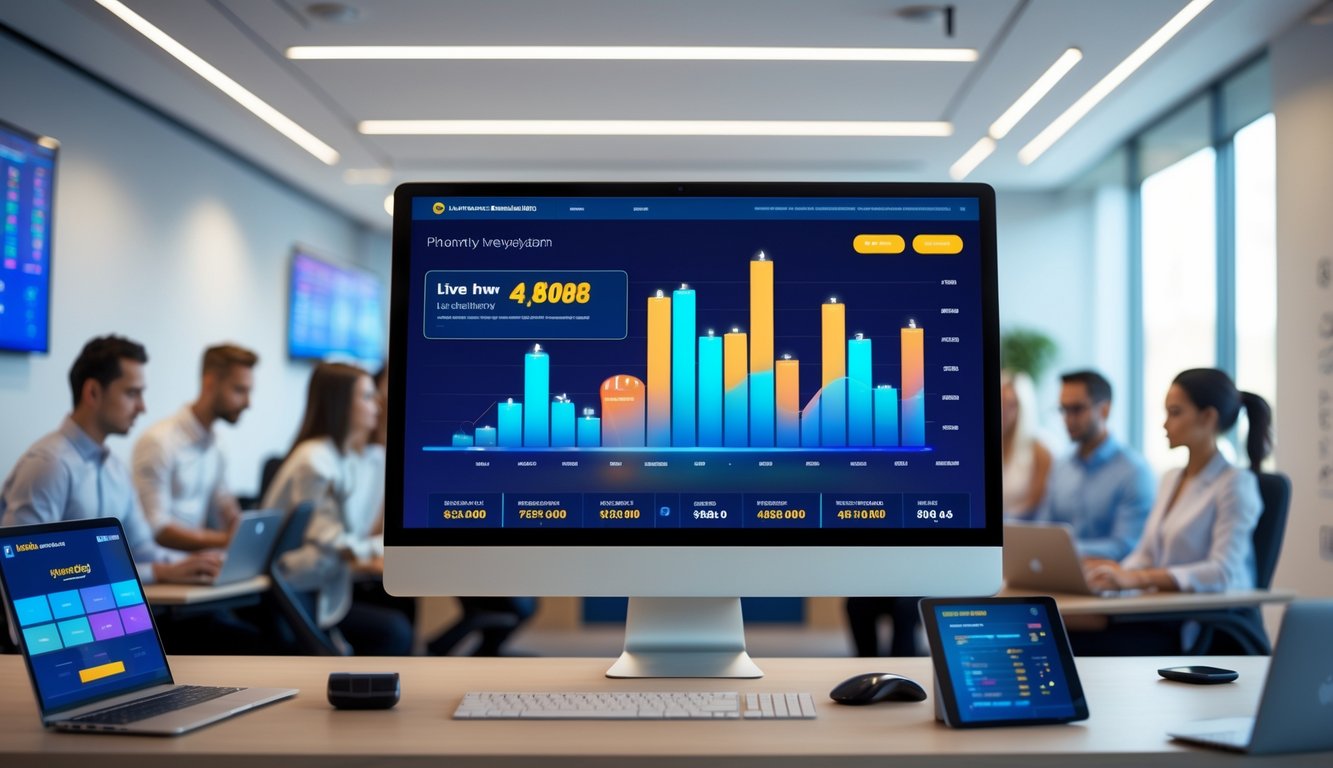 Sebuah ruang kantor modern dengan monitor menampilkan antarmuka platform judi online yang menampilkan animasi live draw dan grafik data historis, dengan beberapa orang bekerja menggunakan laptop dan tablet.
