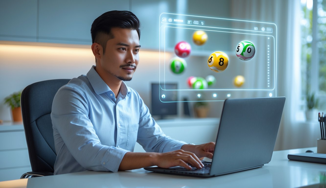 Seorang pria Indonesia duduk di meja dengan laptop di ruang kerja modern, tampak fokus dan serius.